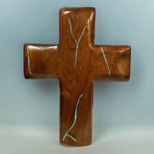 12.5” x 9.5” Heavy Wood wall Cross w/ Turquoise Color Inlay Mesquite Or Walnut picture