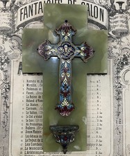 Antique French Champleve Enamel Onyx Holy Water Font Cross Crucifix c1880 picture