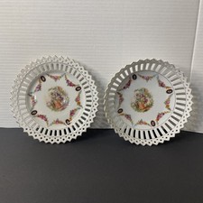 Vintage German reticulated porcelain plate & bowl handmade painted Gold Trim  picture
