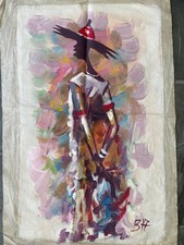 Vtg Mid Century African Woman Oil Painting Original Abstract Figurative Colorful picture
