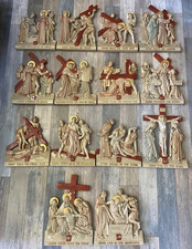 *** 1955 VINTAGE NUNS CONVENT PLASTER 14 STATIONS OF THE CROSS WALL PLAQUES *** picture