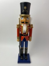 Vintage 15’’ Nutcracker Soldier Wood Figure Red Blue Uniform Holding Rifle Used picture