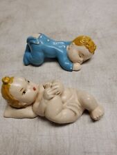 Pair VNT 40s 50s Chalkware Baby Infant Figurines Sleeping But Flap Thumb Sucking picture