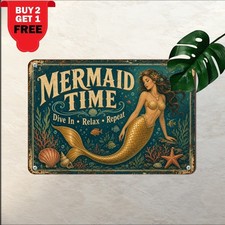 Funny Retro Mermaid Sign Humorous Coastal Restroom Metal Tin Plaque Decor picture