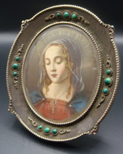 Top Rare Antique Virgin Mary Painting in Silver and Malachite Stone Frame Icon picture