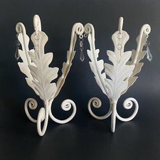 Vintage French Country 2 Cream Wrought Iron with Prisms Candle or Plant Holder picture