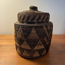 Iraya Mangyan Philippine Basket W Lid Chevron Zigzag Pattern Nito Black Vine 9” picture