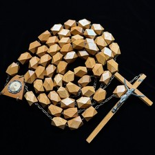 GIANT Mid-century 6 Foot Carved Beechwood Barrel Rosary Wall Decoration picture