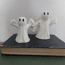 2 Vtg Ceramic Halloween Spooky Ghosts Figurine Coffee Bar Tiered Tray Shelf  picture