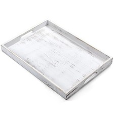 17 Inch Rustic White Serving Tray with Handles - Large Wooden Tray for Ottoma... picture