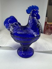 Cobalt Blue Glass Rooster/Chicken Figurine Pedestal Base Decorative Figurine picture
