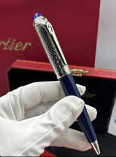 Cartier Guilloche Iced Blue Lacquer Ballpoint Pen Silver Trim Luxury Gift Box picture