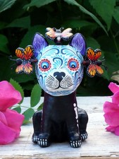 Day of the Dead Dog with Monarch Butterfiles Handmade Mexican Folk Art Small Sz picture