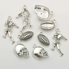 6 Football Themed Charms Antiqued Silver Tone Sport Pendants Team Assorted picture