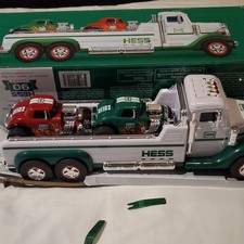 Hess 90 Toy Truck Car Carrier w/ Red & Green Hot Rod Cars, White/Green/Red picture