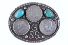 Large 1964 Native American sterling/turquoise Silver half dollar belt buckle picture