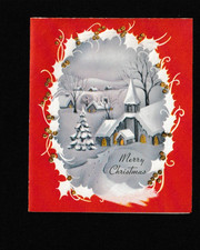 Vtg Greeting Card Merry Christmas Snow Church Gold Highlights Mica Glitter picture