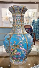 Polychrome, Teal Porcelain Baluster Chinoiserie Flower Vase. Hand Painted-13H