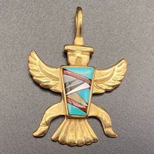 Vintage Native 14K Gold Kachina Turquoise Coral MOP Pendant picture