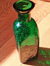 Rare TOYO Crackle Glass Decanter/Bottle MCM Hand Blown Green Vintage Collectible picture
