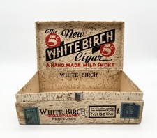 Vintage White Birch 5¢ Cigar Box Cellophane Perfectos Tobacciana Cabin Decor picture