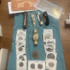 Large Junk Drawer Elgin Running Pocket Knives Coins 1800 1900s Paper Money picture