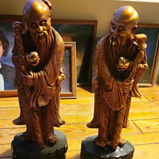 Pair of Chinese Wise Man Scholar Figurines Statues Brown/Gold Tone picture