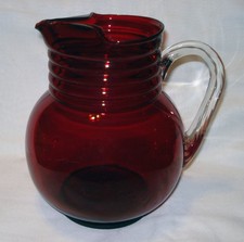 Vintage Weston Louie Ruby Red Glass Crystal Clear Applied Handle Ice Lip Pitcher picture