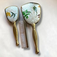 Vintage Botanical Pressed Fern Vanity Set Gold Tone Hand Mirror Brush Comb 3pc picture