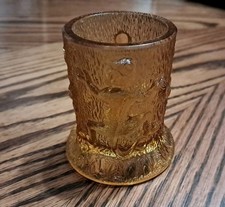 Antique US Glass Co 3 Monkeys On A Tree Stump EAPG Amber Glass Toothpick Holder  picture