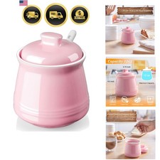 Sugar Bowl with Lid and Spoon 12 oz Ceramic Kitchen Decor Pink Farmhouse picture