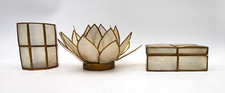 Vintage Capiz Shell Brass Tone 3 Piece Set Lotus Candle Holder Vase Trinket Box picture