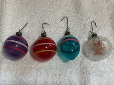 4 VTG WW2 ERA UnSilvered Christmas Ornaments Purple Red Turquoise Clear Stripe picture