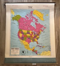 Vintage Cram North America Pull Down School Map Classroom Retro Industrial Decor picture