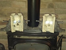 Vintage Halloween Prop Resin Large Skull Set Lighted Bookend Steampunk Decor  picture