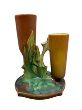 1937 Roseville Thornapple 1119 Pre‑War Double Candlestick Art Pottery Vase picture