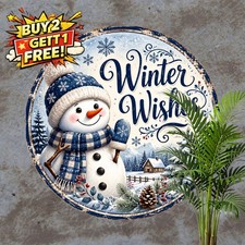 Snowman Winter Wishes Snowflakes Round Metal Sign Decor 8x8 picture