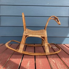 Vintage Mid-Century Wicker Rattan Child's Rocking Horse Natural Baby Aesthetic picture