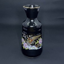 Vintage Lustreware Japanese Vase Sake Black Gold Trim Hand Painted Flowers Bird picture