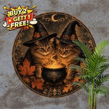 Halloween Cat Witch Cauldron Sign Metal Plaque Retro Holiday Decor 8x8 picture