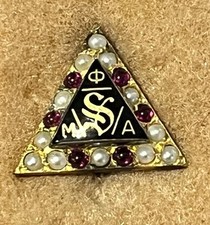 Vintage Fraternity Pin Phi Mu Alpha Sinfonia Crown Pearl Garnet Gold 10K Tested picture