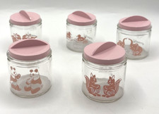Five Vintage Evenflo Glass Nursery Jars with Lids Girl Baby Supplies 1950 Props picture