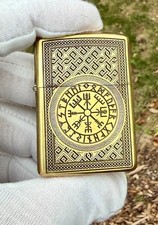 Engraved Brass Armor Zippo Helm of Awe Norse Pattern Hand Painted USA picture