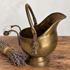 Vintage Dutch Copper Coal Scuttle Brass Lion Heads Delft Blue Porcelain Handle picture