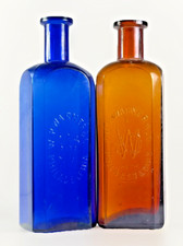 PAIR COBALT AMBER WR WARNER SQUARE DRUGSTORE MEDICINE BOTTLES 1870S PA ST LOUIS picture