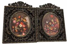 Vtg Small Ornate Brass Framed Floral Print Still Life Oval Italy Victorian Set picture