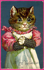 Vtg Nister Cat Pink Dress Pinafore GH Thompson Valentine Antique PC UDB c1900s picture