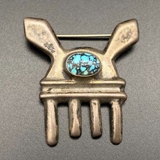 Petite Vintage Navajo Thunder Raincloud Turquoise Sandcast Silver Brooch Pin picture