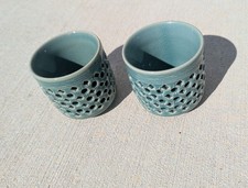 Korean Celadon reticulated double wall basket weave Cup Vase 3.25”H Signed picture