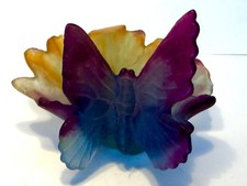 DAUM NANCY FRANCE  PATE  DE  VERRE  COLORFUL  BUTTERFLY ON  LEAF  MINT CONDITION picture